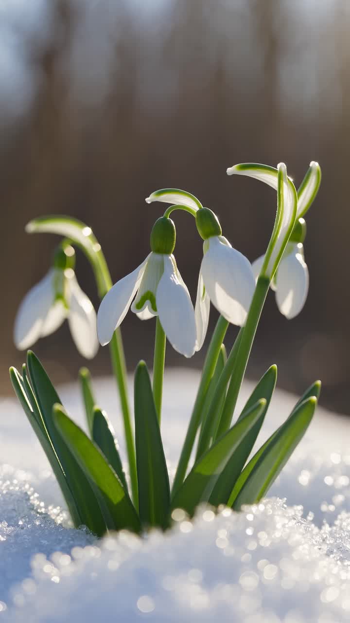 Close-up of snowdrops emerging through snow, captured from a low angle
