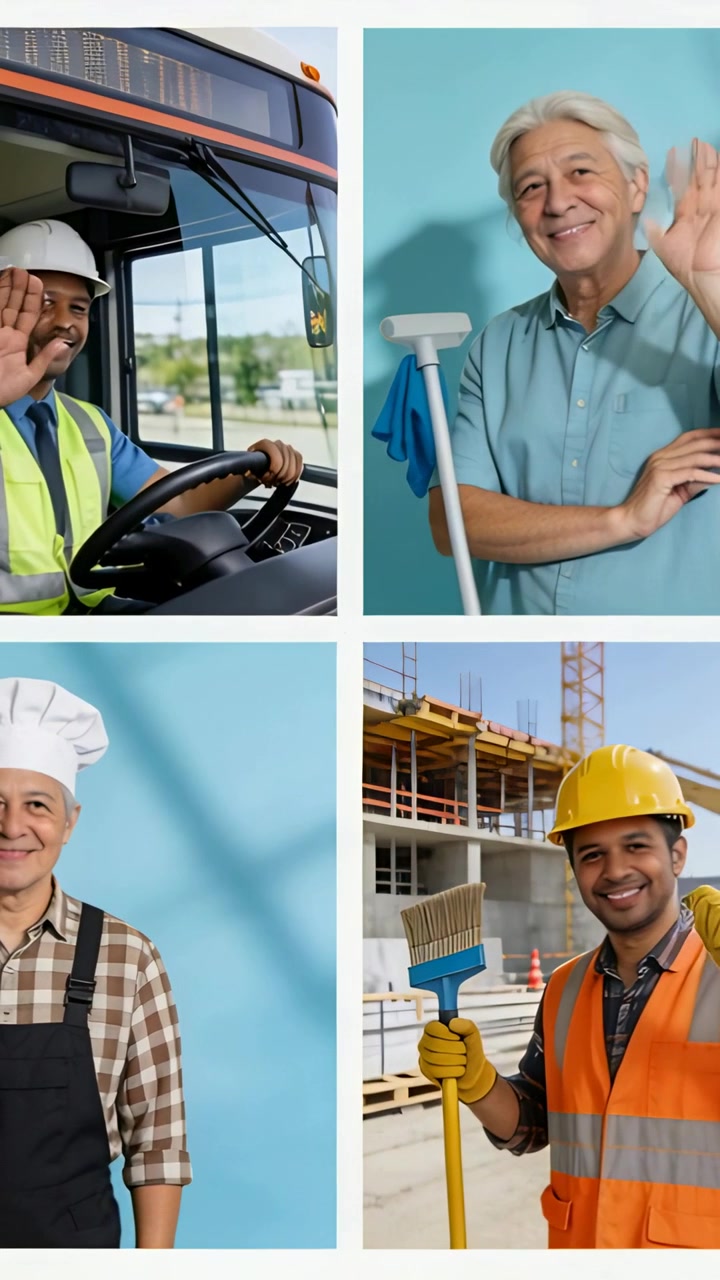 Vertical video: Showing 2x2 grid four workers in gear waving in bus and site, holding wheel and mop