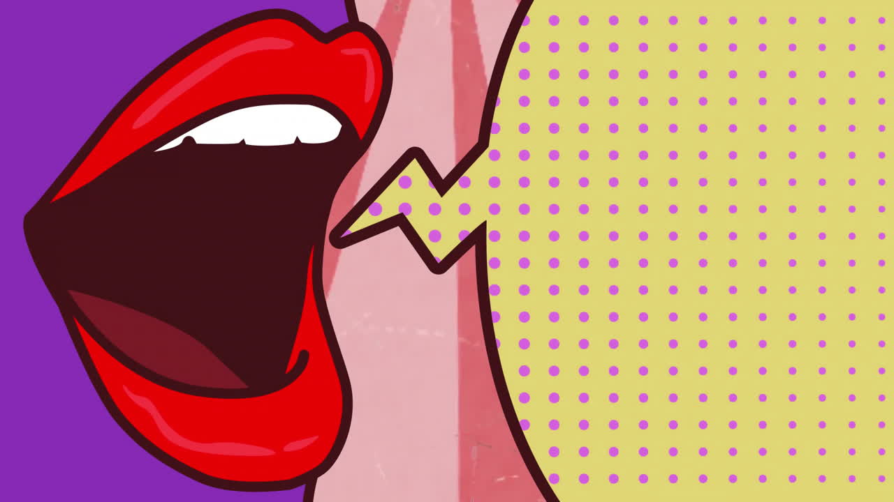 animación de labios con burbuja de habla sobre fondo con círculos rosados