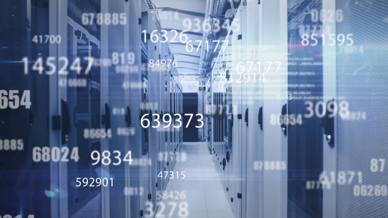Animation of multiple changing numbers, data processing and light spot against computer server room