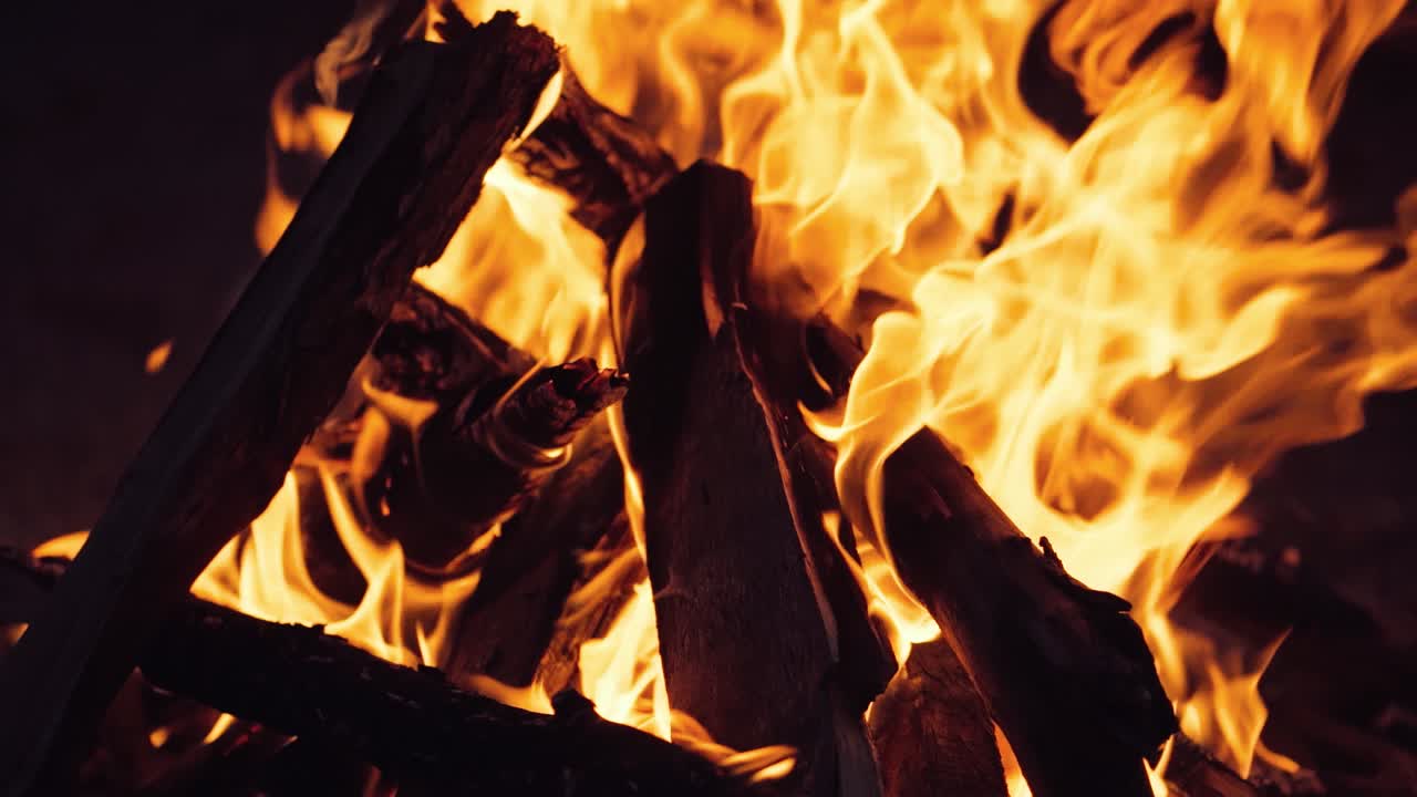 Burning Wood. Burning fire in a home fireplace. Slow motion