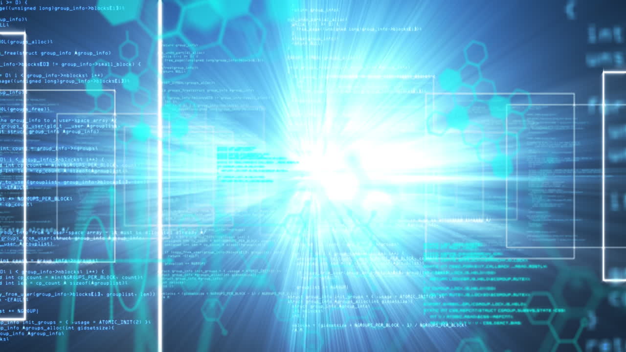 파란색 배경 위에 화학 공식과 데이터 처리의 애니메이션