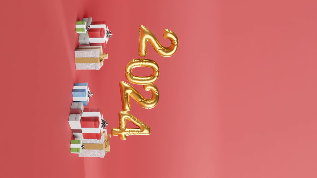 celebrando 2024 con globos dorados y regalos sobre fondo rojo vertical