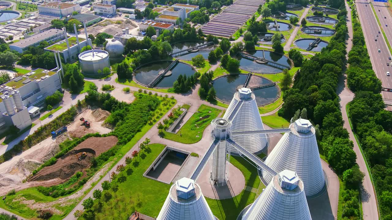 Munich: Aerial view of modern sewage treatment plant (wastewater processing facility) in Germany - landscape panorama of Europe from above