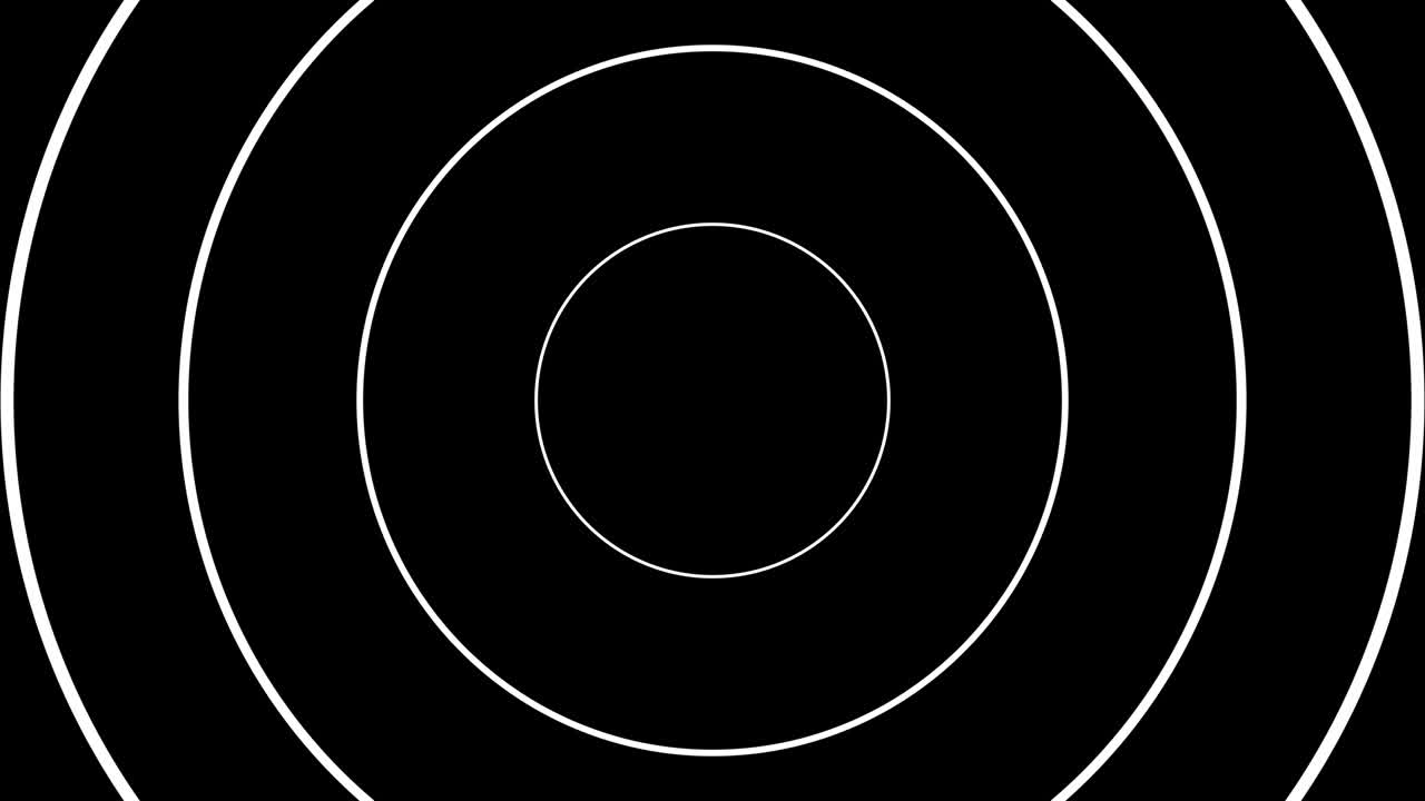 línea delgada círculos de zoom blancos en un fondo negro. gráficos de movimiento geométricos simples. animación sin costuras con formas básicas