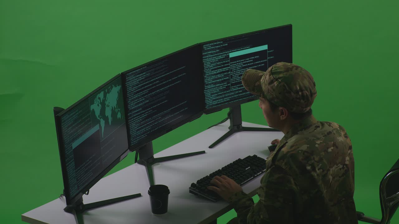 Side View Of Asian Man Soldier Developer Having Headache While Write Code With Multiple Computer Screens In Green Screen Studio