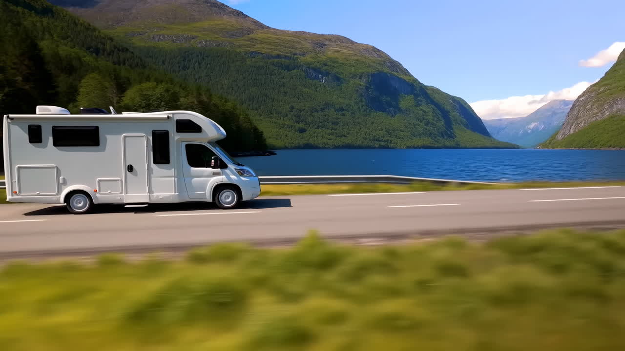 Camper bianco che percorre una strada lacustre oltre un fiordo blu e imponenti montagne verdi sotto un cielo limpido, sfocato.