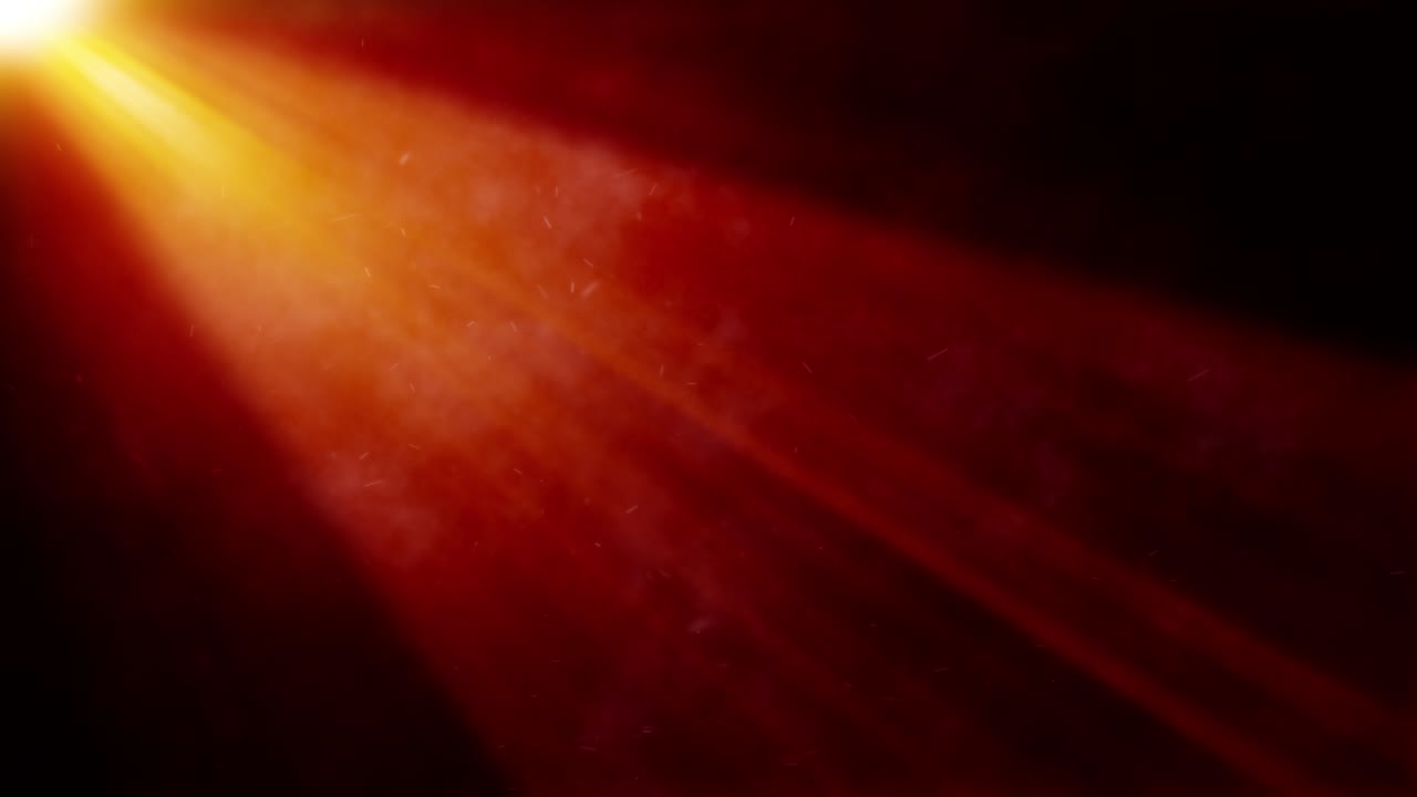 rayo de luz rojo naranja dramático con partículas de polvo voladoras y efecto de humo fondo abstracto. 4k 3d bucle sin costuras elemento de efecto cinematográfico de movimiento de rayo de luz abstracto para títulos, intro, telón de fondo.
