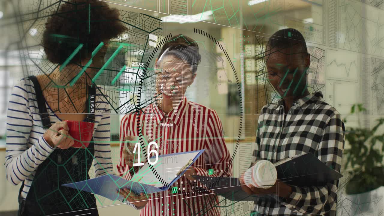 Center woman flipping binder pages office team reviewing metrics as AR overlay showing over binder