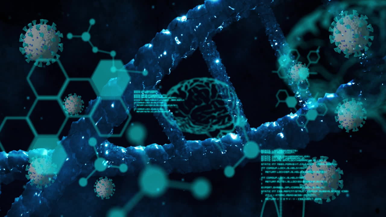 Animazione di virus, cervelli ed elaborazione dati su DNA su sfondo nero