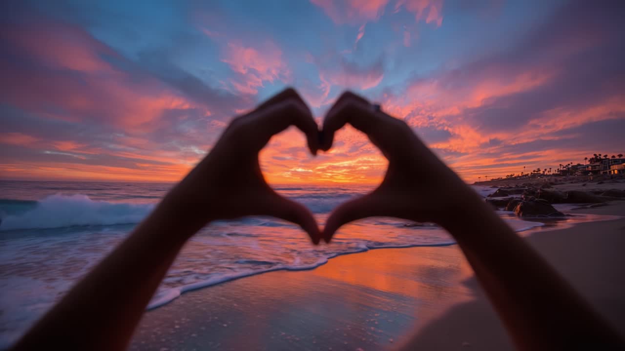 A Beautiful Beach Sunset with Hands Forming a Heart, Embracing Nature's Splendor and the Warmth of Love Amidst Vibrant Colors in the Sky