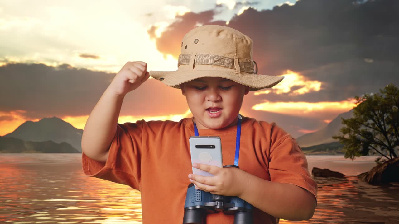 Asian Boy With A Hat And Binoculars Looking At Smartphone Then Screaming Goal Celebrating At A Lake. Boy Researcher Examines Something, Travel Tourism Adventure, Close Up