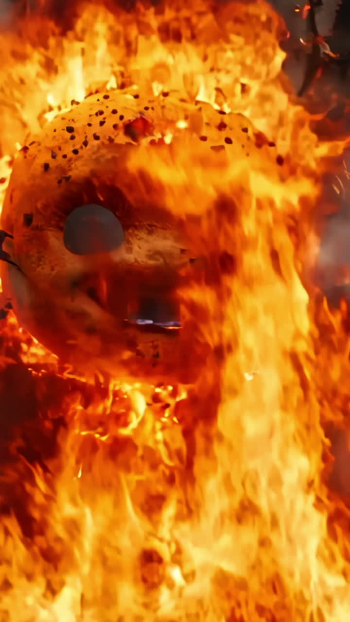 A small, smiling, orange face is surrounded by a cloud of fire. The scene is chaotic and intense, with the fire and the face creating a sense of danger and excitement