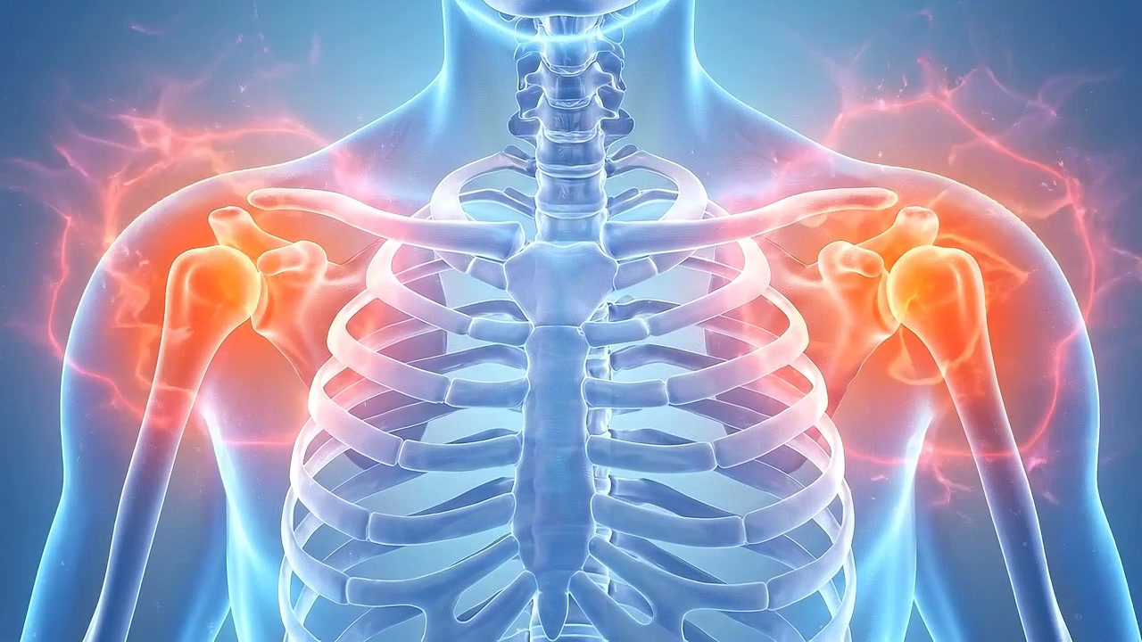 Transparent torso with both shoulders highlighted red in medical view in medical view