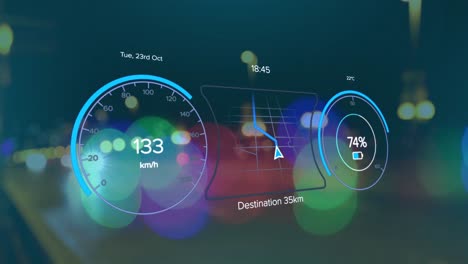 animation of electric car speedometer data processing over city