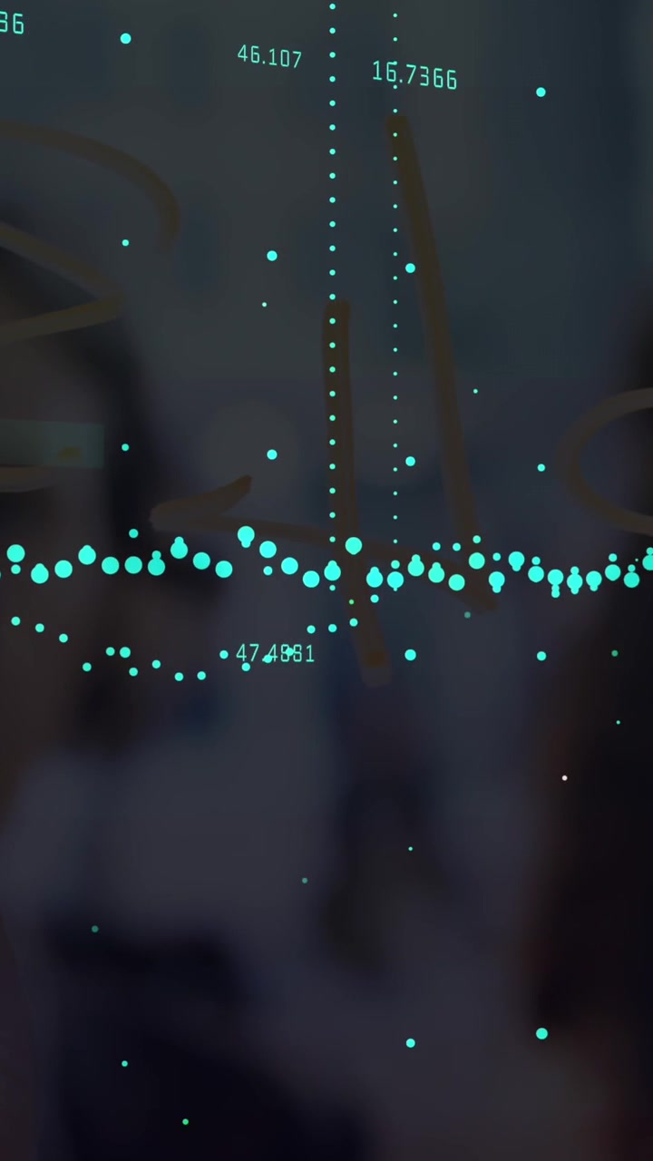 Animation of data processing against woman writing on glassboard at office