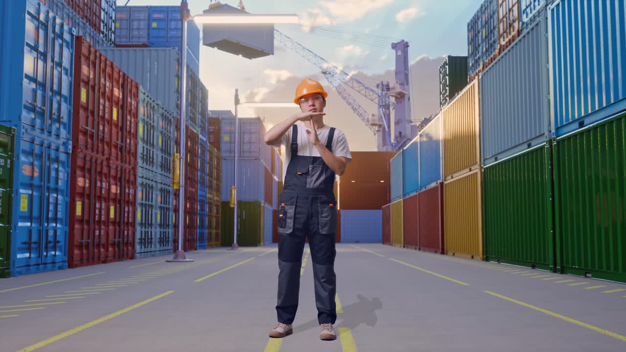 cuerpo lleno de hombre asiático trabajador con gafas de protección y casco de seguridad mirando a la cámara y mostrando el tiempo de salida manos gesto mientras estaba de pie en el depósito de contenedores patio
