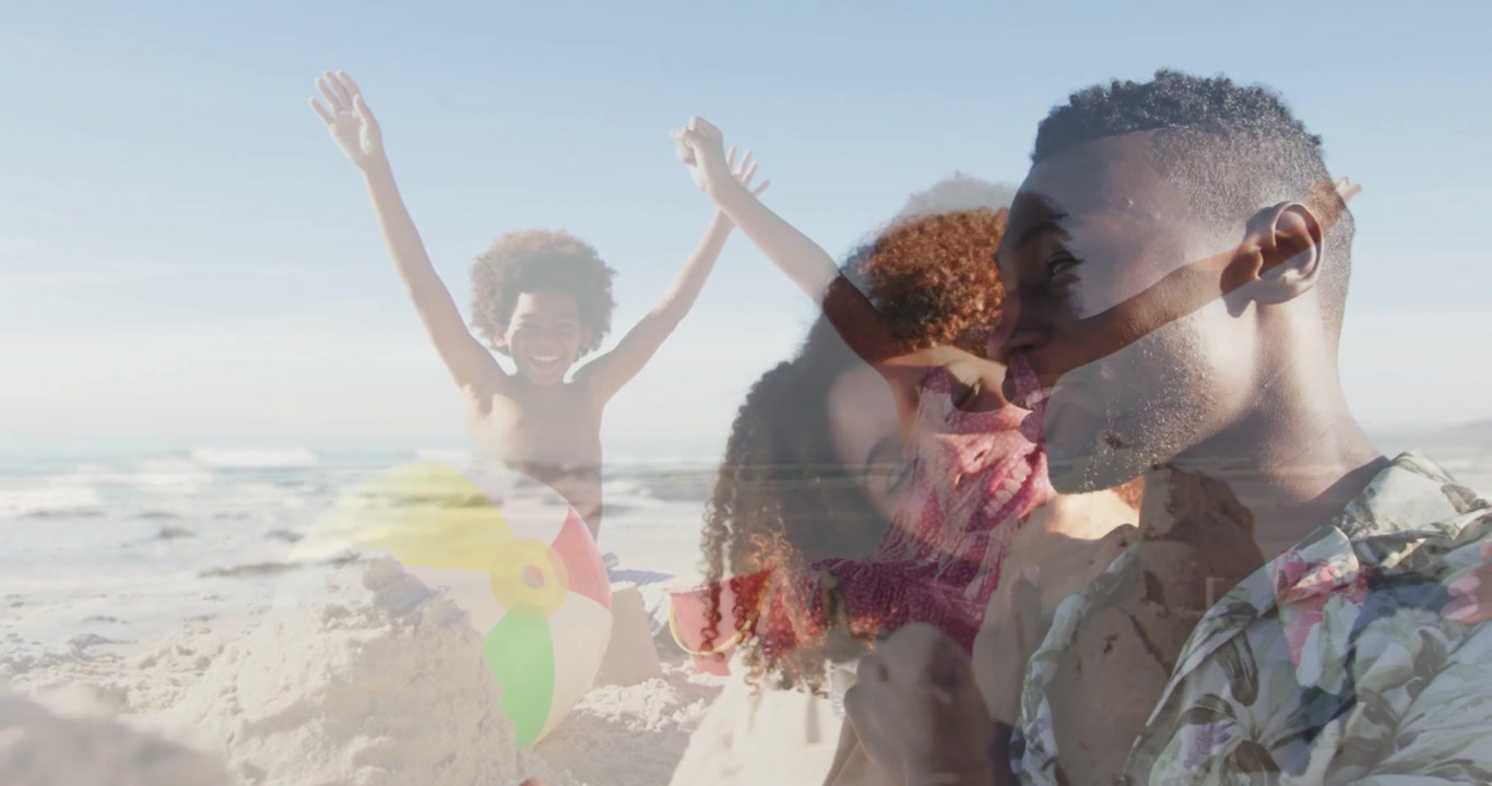Couple leaning and nuzzling while child raising arms by sandcastle, overlay shifting for travel ad