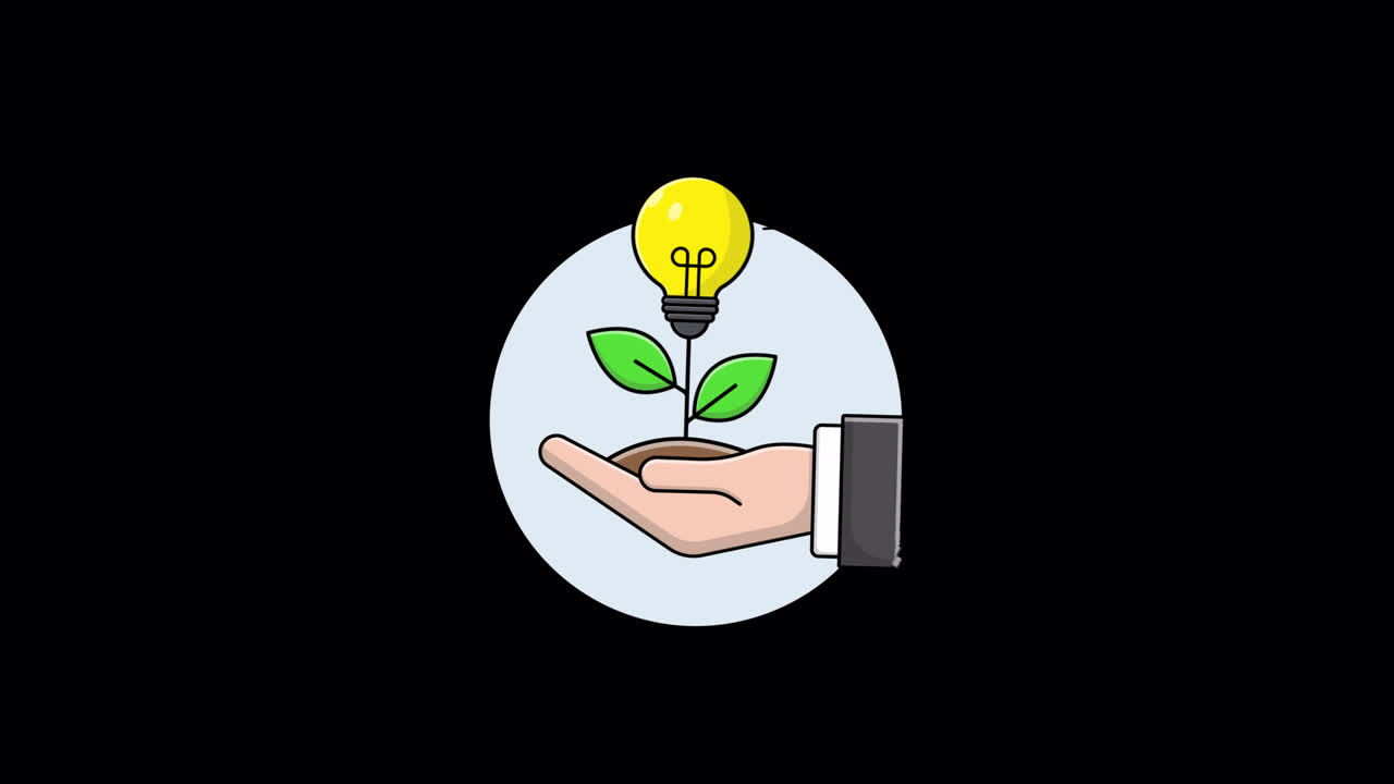 Animated Hand Holding Growing Plant with Idea Light Bulb