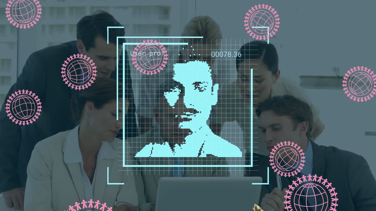 animación de personas e íconos del globo sobre diversas personas de negocios hablando