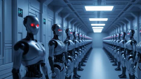 a futuristic hallway of robotic sentinels: exploring the intricate design and red-eyed gaze of advanced automation in a high-tech environment