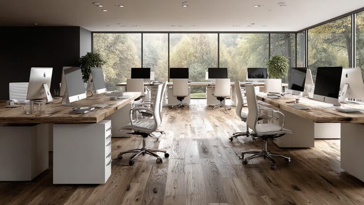 Interno di un ufficio moderno con uno spazio di lavoro aperto che mostra scrivanie eleganti, sedie ergonomiche e grandi finestre che si affacciano su un sereno paesaggio esterno