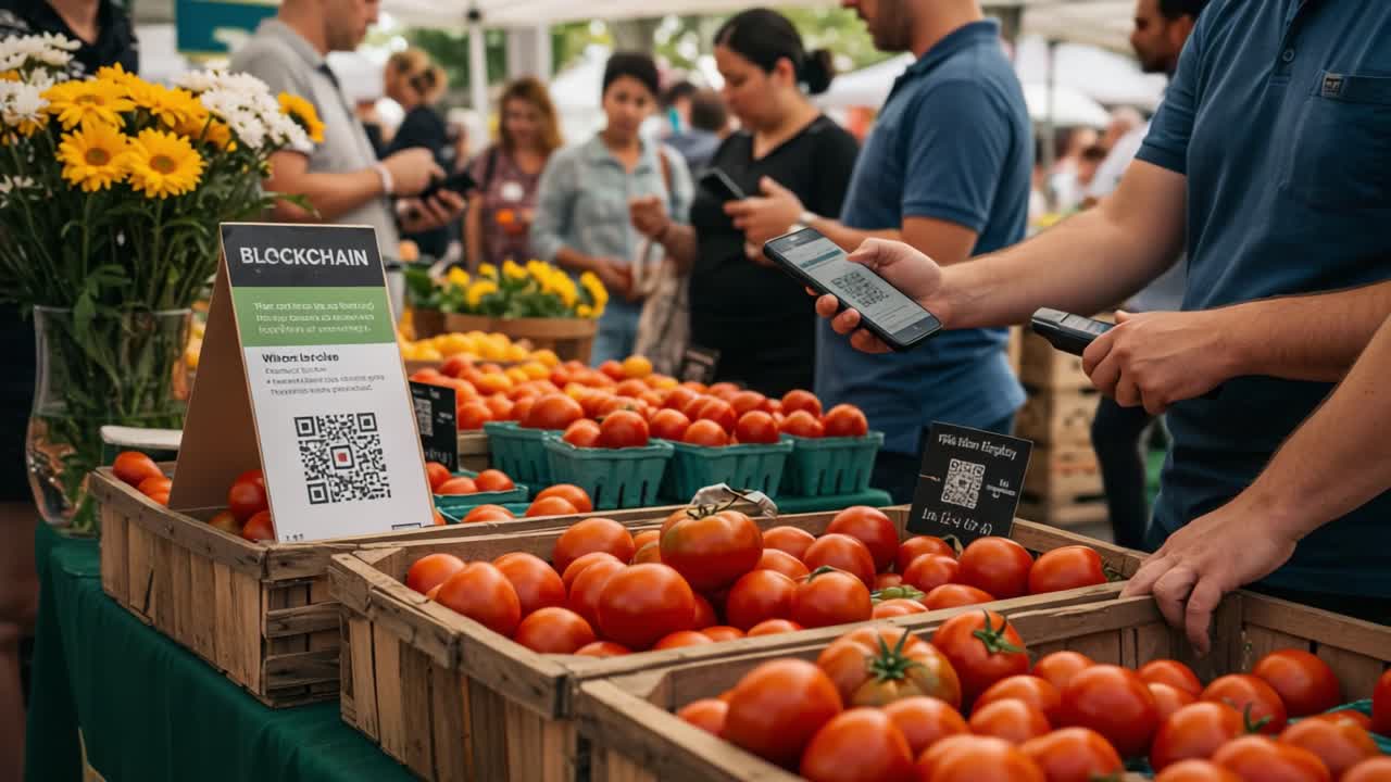 Exploring Fresh Produce at a Farmers Market with Blockchain Technology: A Vibrant Scene of Shoppers Engaging with Local Vendors and Fresh Tomatoes