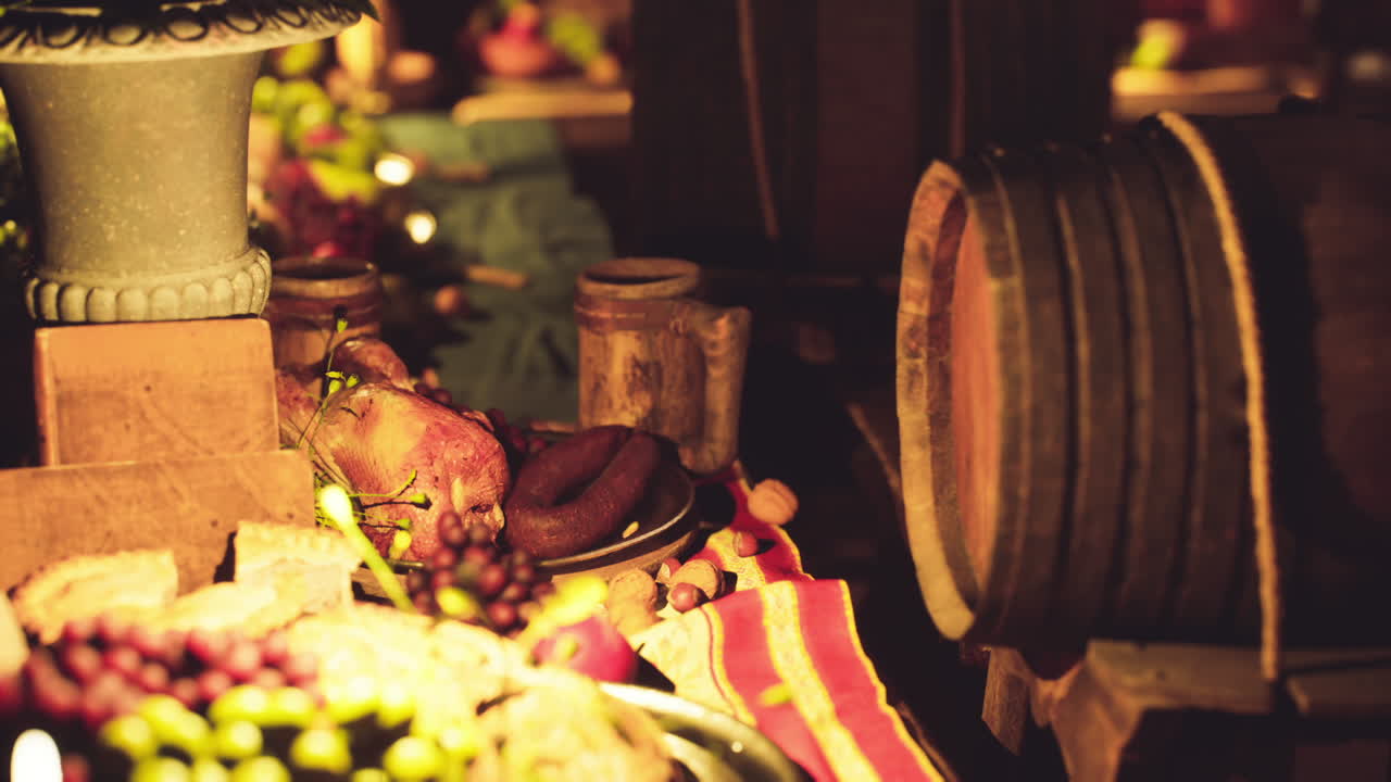 A diverse array of food and drinks displayed on a rustic dining table at dusk