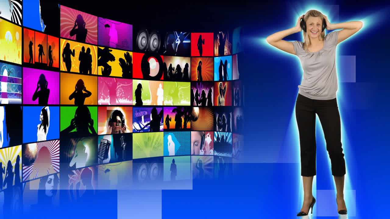 음악을 듣는 웃는 여자의 애니메이션