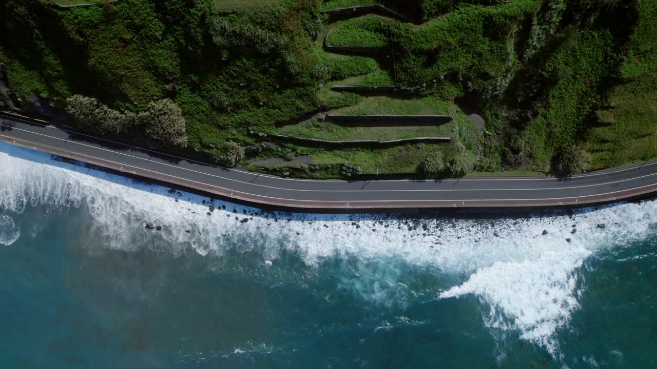 Coastal Road with Waves and Lush Vegetation