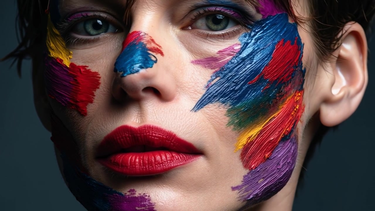 Retrato de primer plano de una mujer con pinceladas de pintura multicolor en su rostro y lápiz labial rojo brillante.