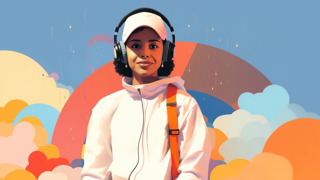 Illustrazione vivace di una persona di profilo con cuffie e cappellino, circondata da elementi colorati.