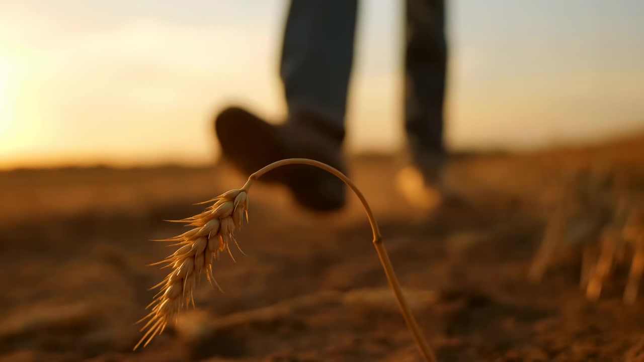 Bent wheat stalk foreground with silhouette of person walking away during golden hour midsequence