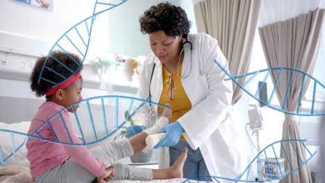 animación de cadenas de adn sobre afroamericana mujer médico vendaje pierna de la niña paciente
