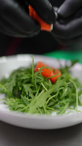 vertical footage gloved chef carefully placing pieces of fresh salmon on a bed of arugula, creating an elegant and appetizing salad on a white plate