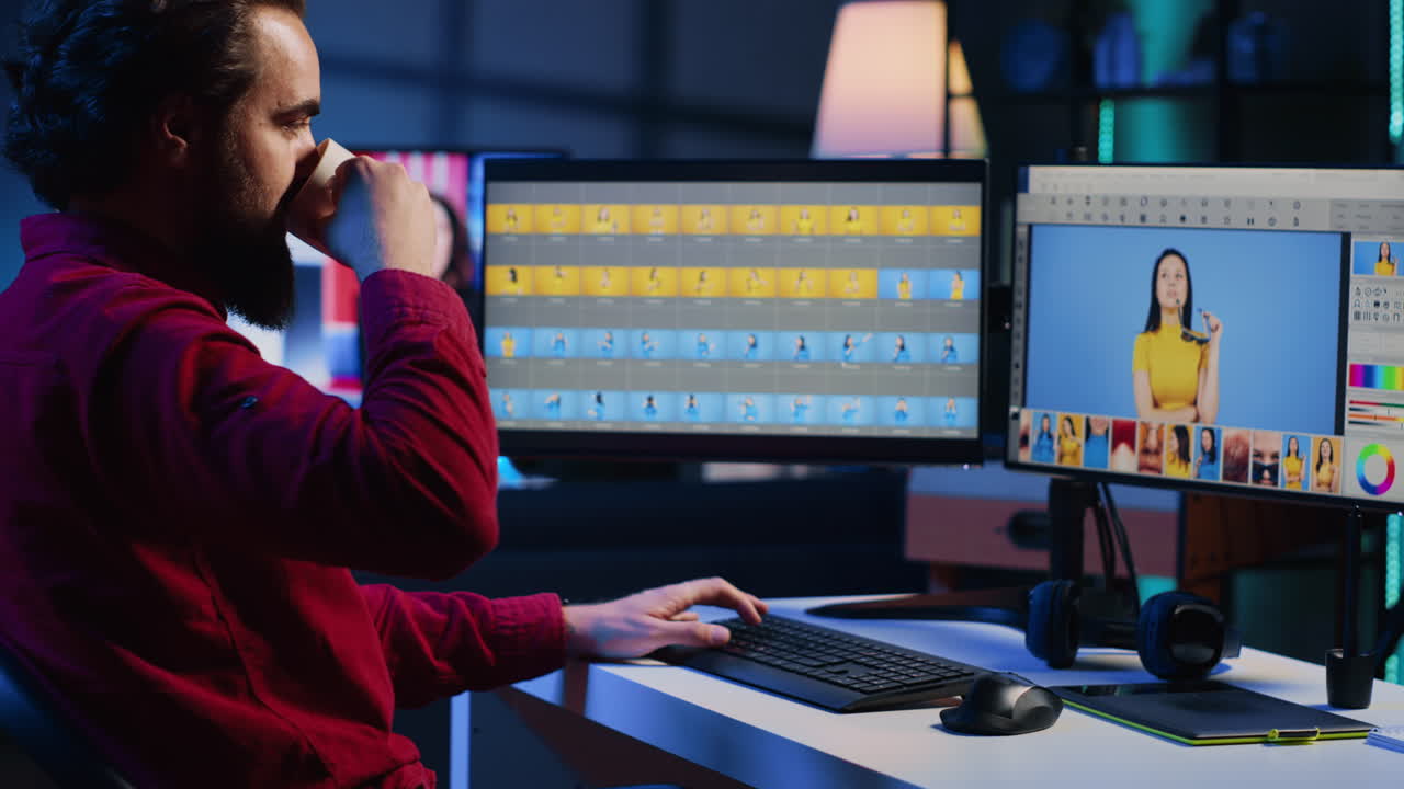 editor de fotos llegando al trabajo en una compañía de producción independiente, listo para comenzar el proyecto