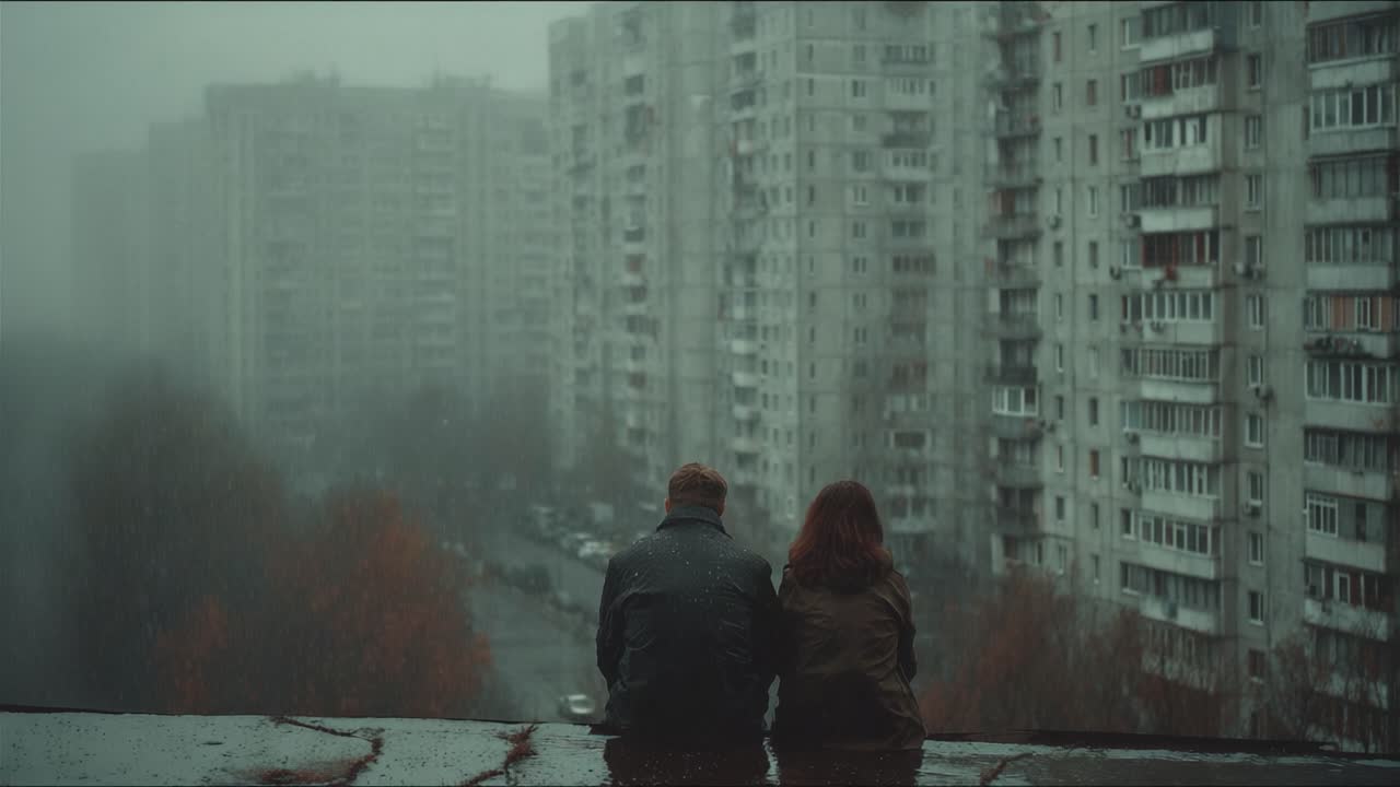 A Poignant Moment of Silence Amidst the Rainy Urban Landscape: Two Figures Sharing a Reflective Pause Overlooking Grey, Drenched Streets and Towering Buildings
