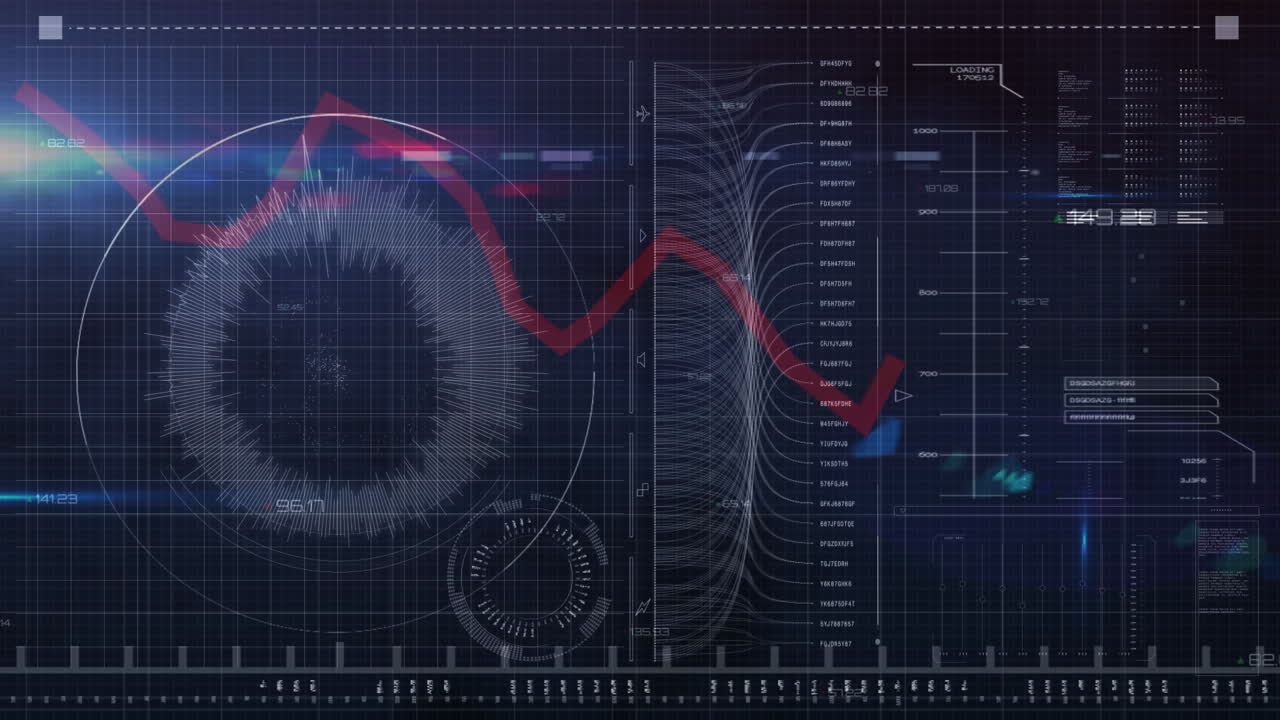 어두운 파란색 화면에 다양한 데이터와 그래프의 애니메이션