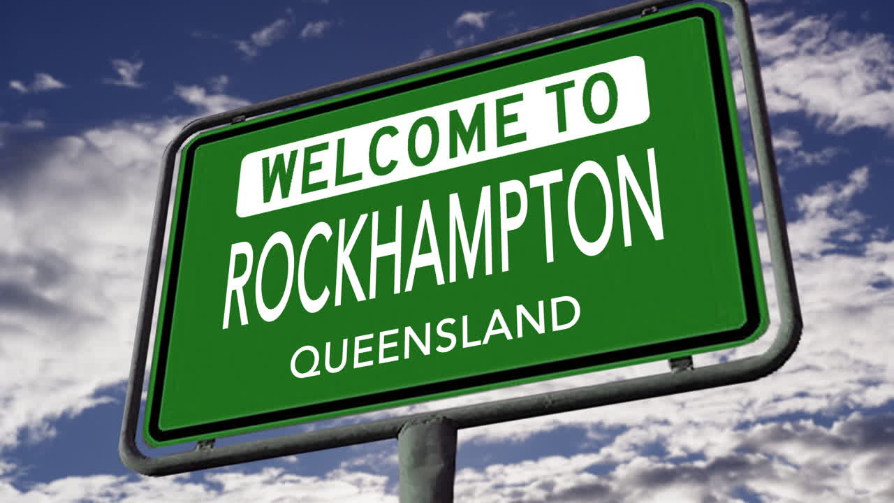 로크햄튼, 즐랜드, 오스트레일리아에 오신 것을 환영합니다. 도시 도로 표지판, 현실적인 3d 애니메이션