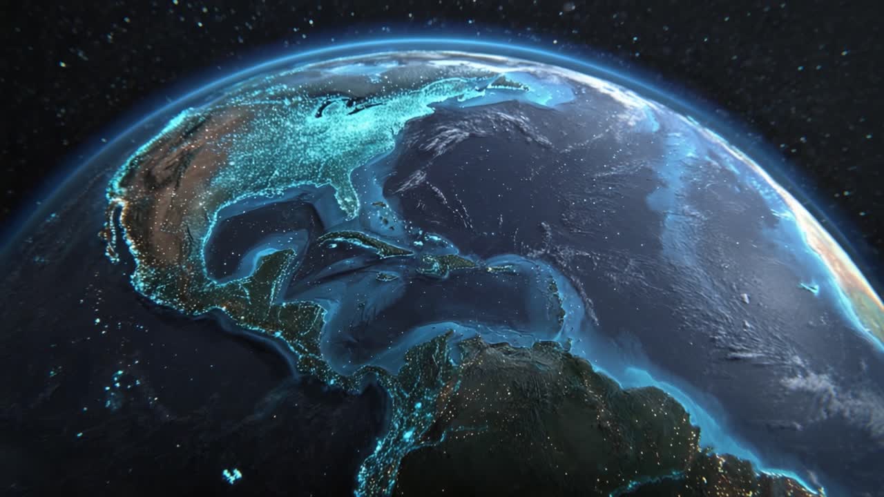 A Stunning View of Earth from Space: Focusing on the Vibrant Americas and Surrounding Oceanic Waters Captured in Dynamic Frames