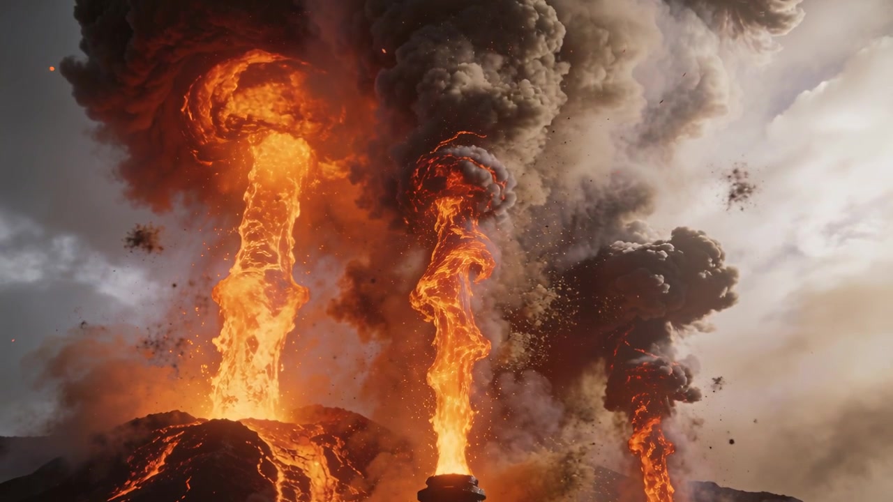 Tre bocche di lava eruttive che proiettano getti sul pendio, con lava incandescente che alimenta le bocche e illumina un piedistallo di pietra.
