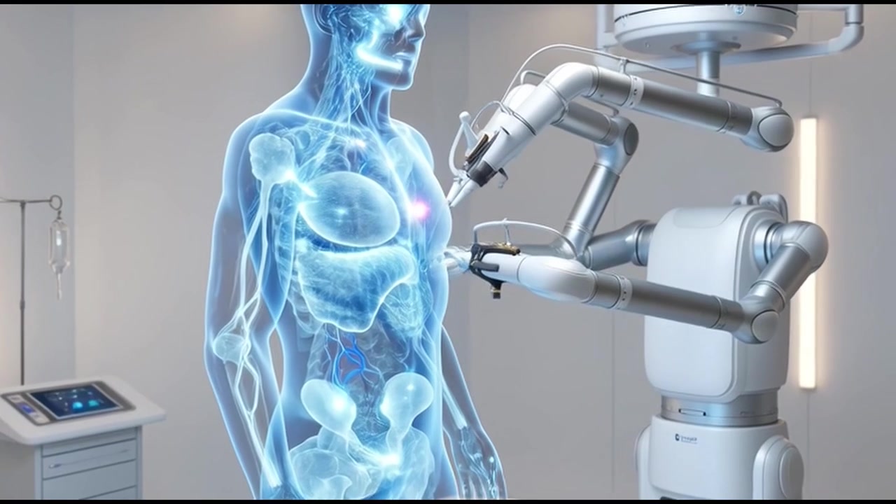 Sistema Quirúrgico Robótico Realizando un Procedimiento en Anatomía Humana Holográfica.