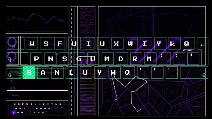 Animation of digital data processing over dark background
