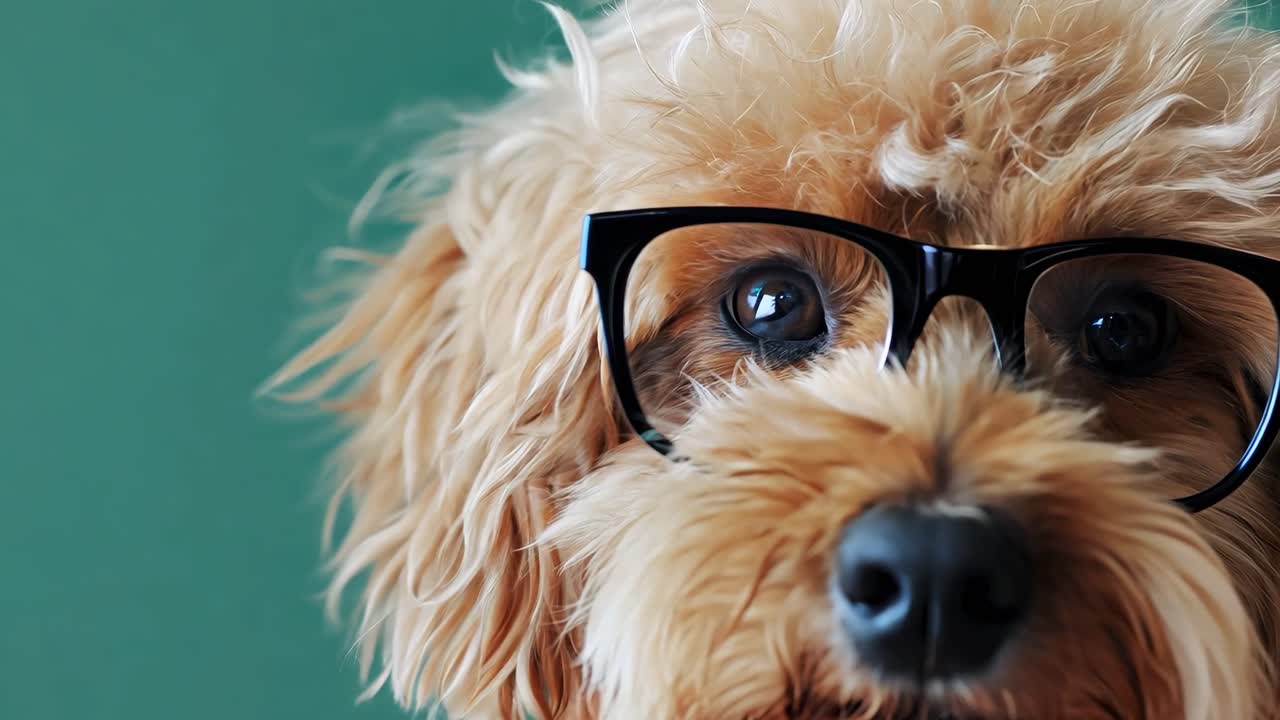 Intelligent poodle wearing stylish eyeglasses posing with expressive looks against green background, showcasing playful personality through series of engaging portraits