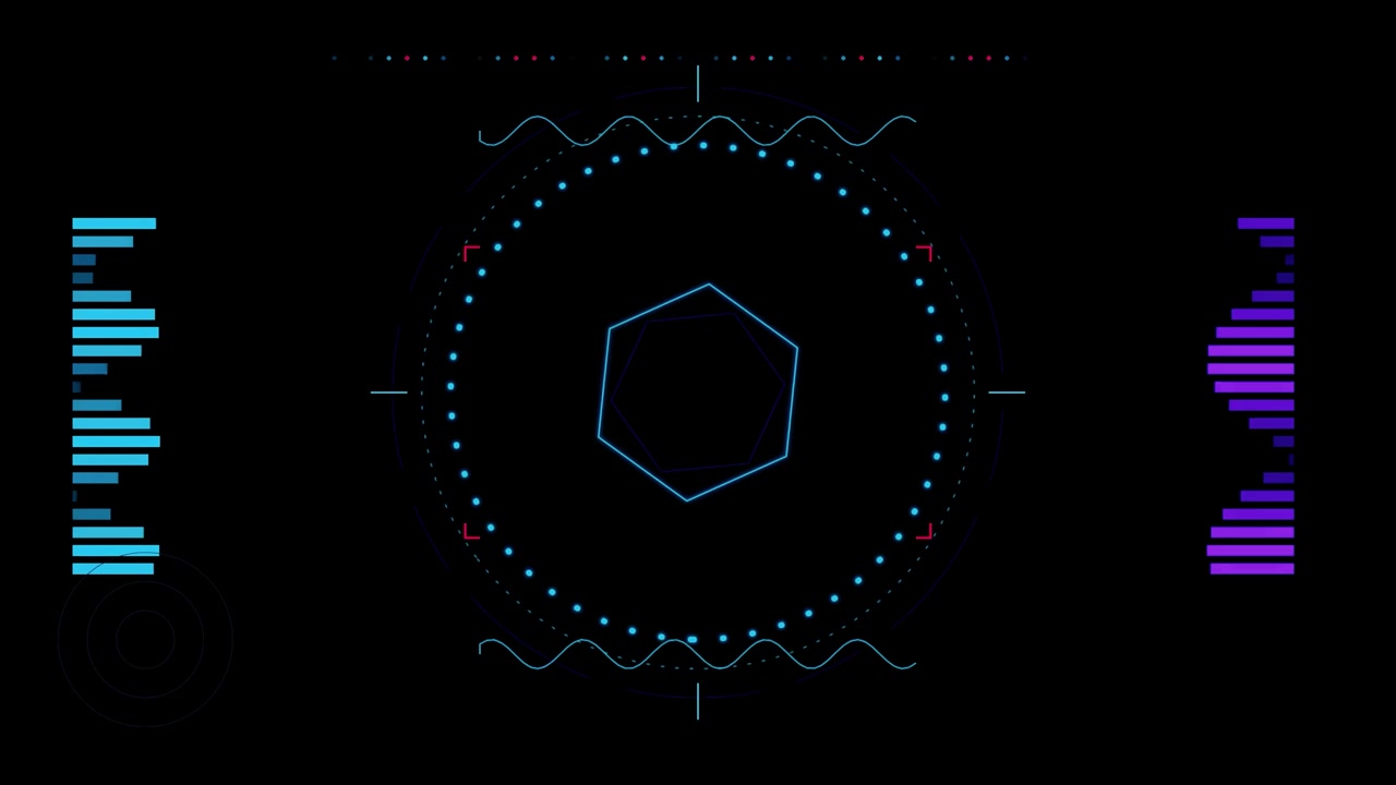 Futuristic Digital HUD Interface with Rotating Hexagon and Data Graphs