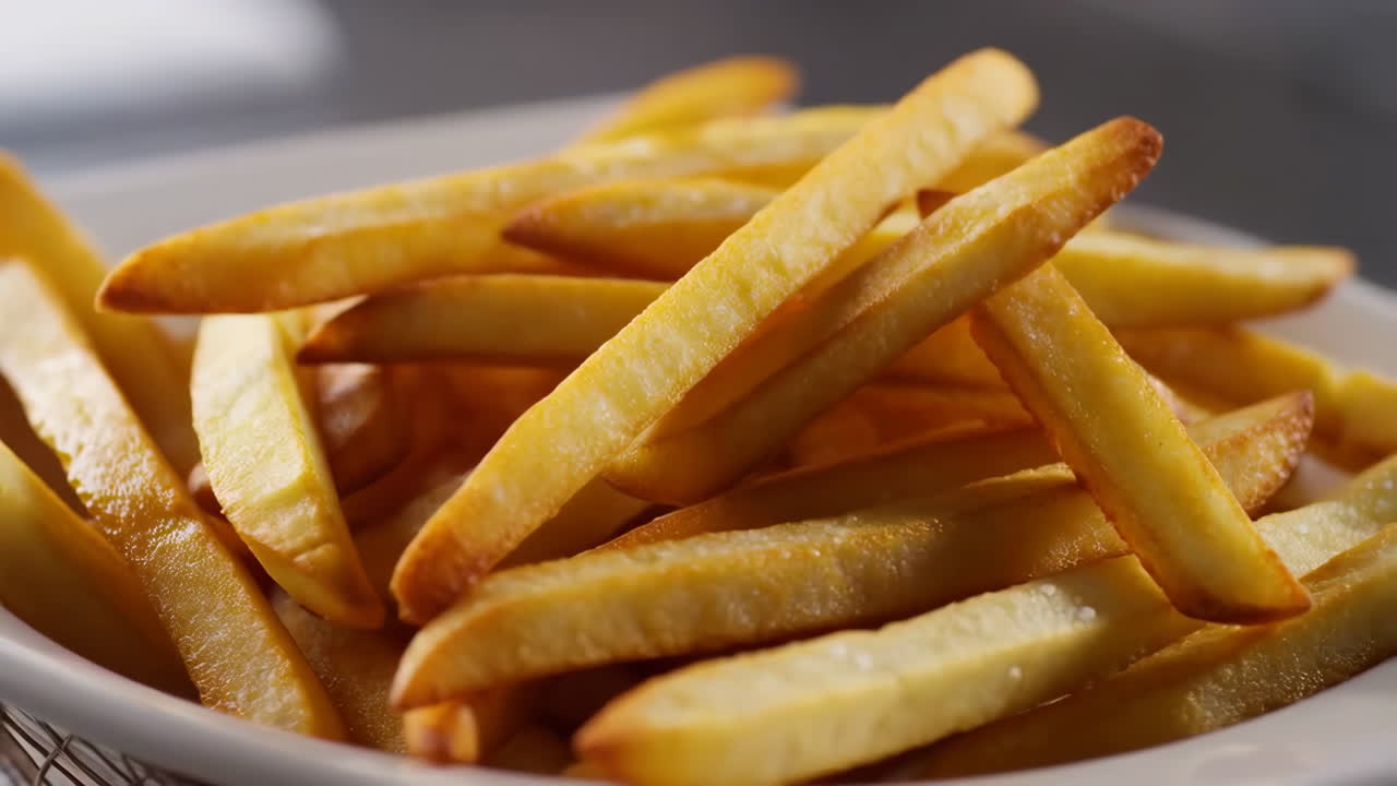 A close-up of golden french fries on a plate