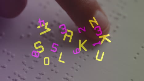 digital alphabets and numbers float around a person reading braille, symbolizing education.