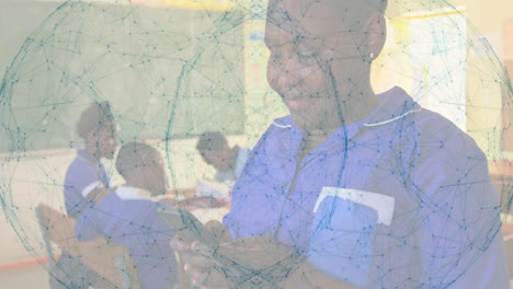 Using smartphone with animation of digital network connections in school classroom