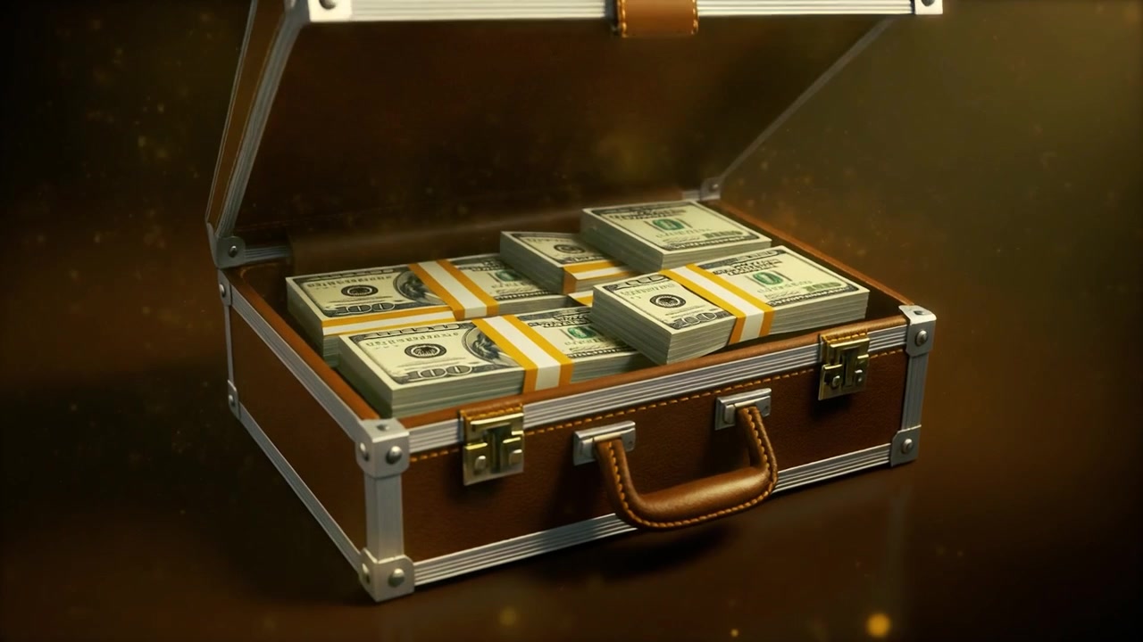 Brown Leather Briefcase Opening to Reveal Stacks of US Dollar Bills