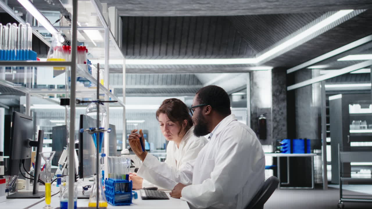 Vertical video Team of lab researchers inspecting chemical solutions in glass flasks